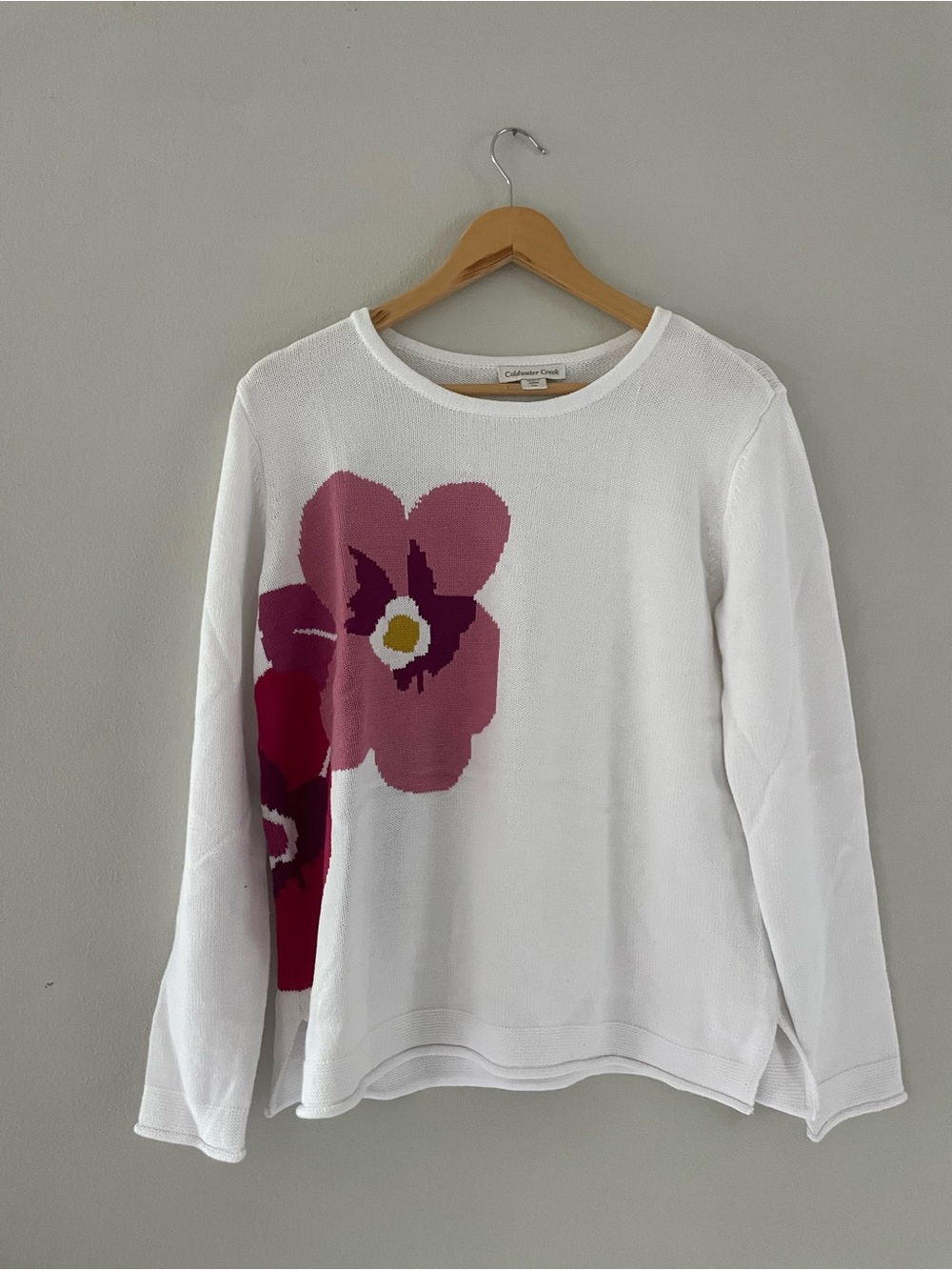 Coldwater Creek White Knit Sweatshirt with Pink Floral Accent